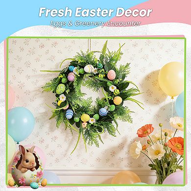 18" Easter Egg Wreath for Front Door, Spring Door Wreaths with Daisy Flowers & Pastel Eggs for Wall