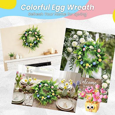 18" Easter Egg Wreath for Front Door, Spring Door Wreaths with Daisy Flowers & Pastel Eggs for Wall