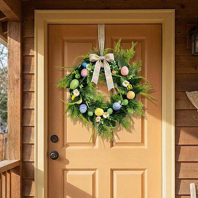 18" Easter Egg Wreath for Front Door, Spring Door Wreaths with Daisy Flowers & Pastel Eggs for Wall
