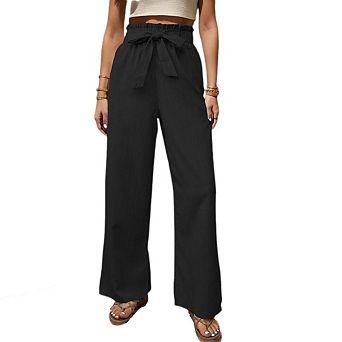 Women Drawstring Striped Pants Loose Wide Leg Trousers Casual High Waist Ruffle Tie Pant