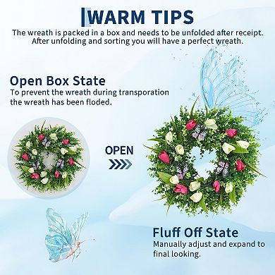 18 Inch Spring Summer Wreath Tulip Wreath for Front Door, Artificial Floral Wreath with Butterflies
