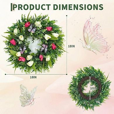 18 Inch Spring Summer Wreath Tulip Wreath for Front Door, Artificial Floral Wreath with Butterflies