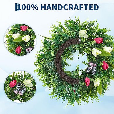 18 Inch Spring Summer Wreath Tulip Wreath for Front Door, Artificial Floral Wreath with Butterflies