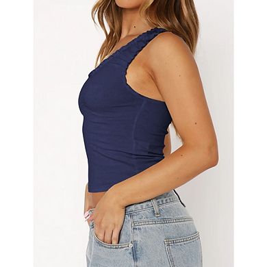 Womens Sleeveless V Neck Ruffle Lightweight Ribbed Knit Casual Crop Top