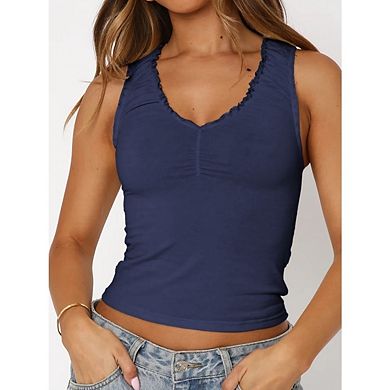 Womens Sleeveless V Neck Ruffle Lightweight Ribbed Knit Casual Crop Top