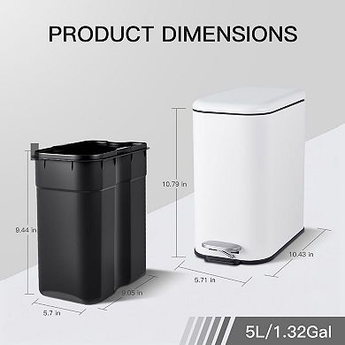 5 Liter Slim Trash Can with Lid, Kitchen Garbage Can with Inner Bucket & Step On Foot Pedal