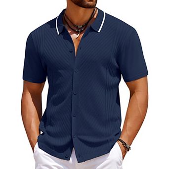 COOFANDY Men' Knit Short Sleeve Button Up Shirt Casual Summer Shirt Beach Vintage Shirts