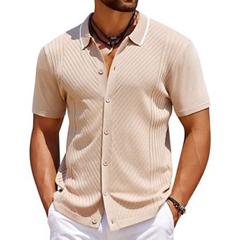 COOFANDY Men' Knit Short Sleeve Button Up Shirt Casual Summer Shirt Beach Vintage Shirts