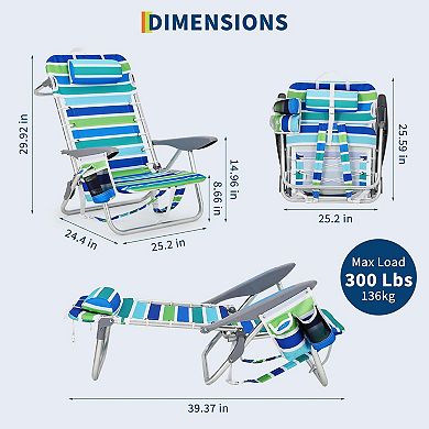 2 Pack Backpack Beach chair, Lightweight Portable Lay Flat Folding Beach Chair, 5 Positions