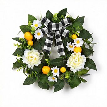 20" Artificial Lemon Wreath Spring Summer with Buffalo Check Bow & Peony for Porch Wall Decor