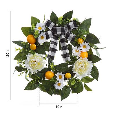 20" Artificial Lemon Wreath Spring Summer with Buffalo Check Bow & Peony for Porch Wall Decor