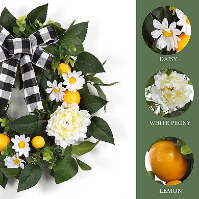 20" Artificial Lemon Wreath Spring Summer with Buffalo Check Bow & Peony for Porch Wall Decor