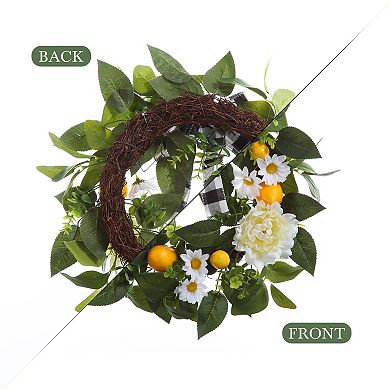 20" Artificial Lemon Wreath Spring Summer with Buffalo Check Bow & Peony for Porch Wall Decor