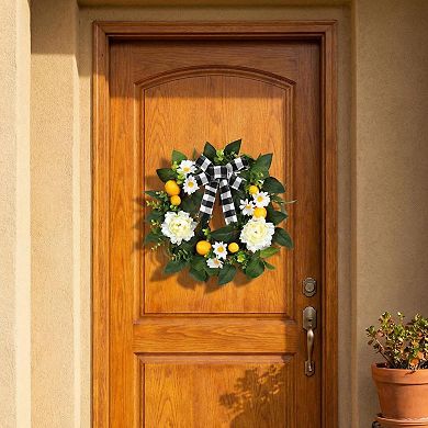 20" Artificial Lemon Wreath Spring Summer with Buffalo Check Bow & Peony for Porch Wall Decor