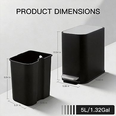 5 L Trash Can with Lid, Stainless Steel Small Waste Bin with Step Pedal & Inner Bucket, Soft Close