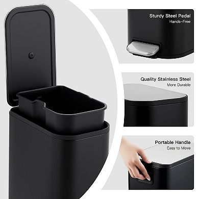 5 L Trash Can with Lid, Stainless Steel Small Waste Bin with Step Pedal & Inner Bucket, Soft Close