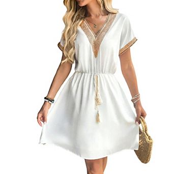 Women's V-Neck Lace Midi Dress with Drawstring Waist - Casual Short Sleeve A-Line Dress