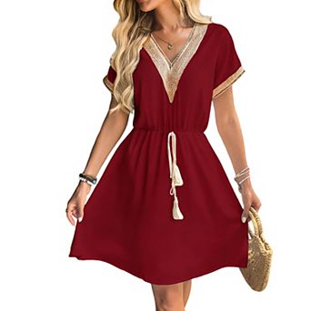 Women's V-Neck Lace Midi Dress with Drawstring Waist - Casual Short Sleeve A-Line Dress