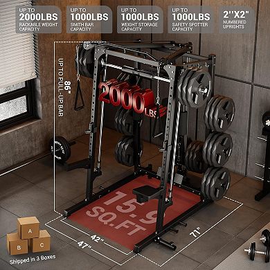 2000LBS Smith Machine Home Gym, Multi-Function Power Cage Squat Rack for Total Body Strength