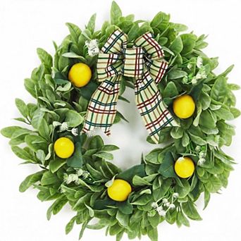 20 Inch Lemon Wreath, Spring Summer Wreath for Front Door Lamb Ear Leaves & Bow for Front Door