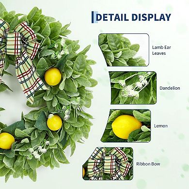 20 Inch Lemon Wreath, Spring Summer Wreath for Front Door Lamb Ear Leaves & Bow for Front Door