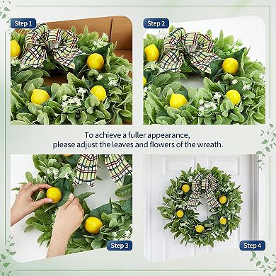 20 Inch Lemon Wreath, Spring Summer Wreath for Front Door Lamb Ear Leaves & Bow for Front Door