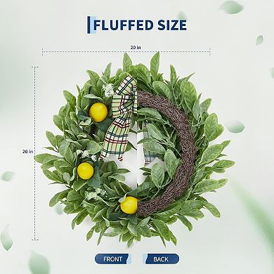 20 Inch Lemon Wreath, Spring Summer Wreath for Front Door Lamb Ear Leaves & Bow for Front Door