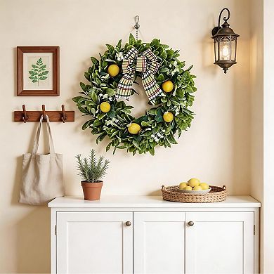 20 Inch Lemon Wreath, Spring Summer Wreath for Front Door Lamb Ear Leaves & Bow for Front Door
