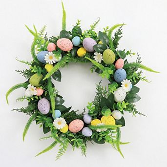 20" Spring Easter Wreath with Colorful Eggs Lambs Ear Leaves for Front Door Summer Holiday Wall