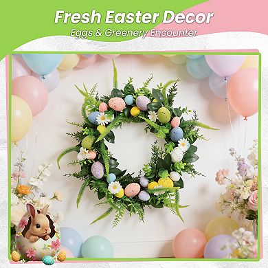 20" Spring Easter Wreath with Colorful Eggs Lambs Ear Leaves for Front Door Summer Holiday Wall