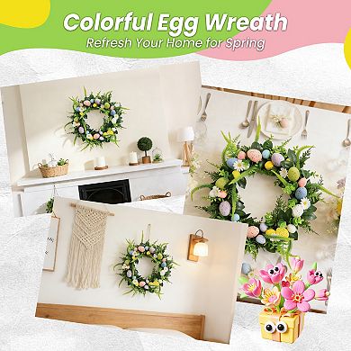 20" Spring Easter Wreath with Colorful Eggs Lambs Ear Leaves for Front Door Summer Holiday Wall