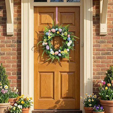 20" Spring Easter Wreath with Colorful Eggs Lambs Ear Leaves for Front Door Summer Holiday Wall