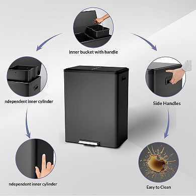 Dual Compartments Stainless Steel Trash Can, 2 Removable Inner Buckets - 2 x 8 Gallon Trash Can