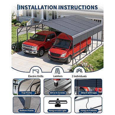 20x20FT Metal Carport Heavy-Duty Build with LED Light & Galvanized Steel Roof
