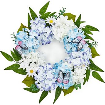 20" Hydrangea Spring Wreaths for Front Door, Artificial Blue White Floral Wreath for Wedding Wall