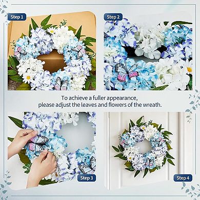 20" Hydrangea Spring Wreaths for Front Door, Artificial Blue White Floral Wreath for Wedding Wall