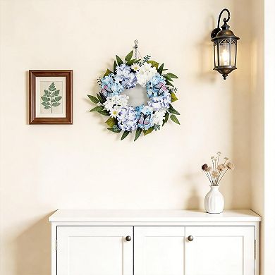 20" Hydrangea Spring Wreaths for Front Door, Artificial Blue White Floral Wreath for Wedding Wall