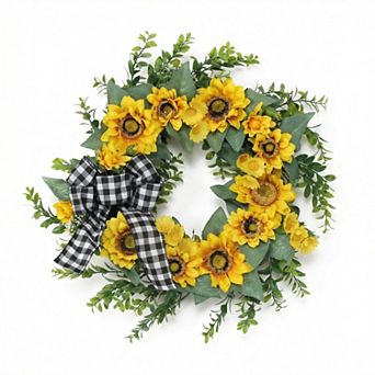 18" Sunflower Wreath for Front Door, Artificial Spring Wreaths Buffalo Plaid Bow for Wall Window