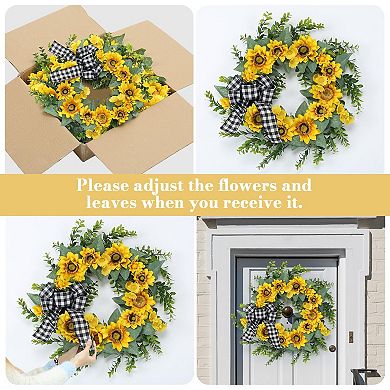 18" Sunflower Wreath for Front Door, Artificial Spring Wreaths Buffalo Plaid Bow for Wall Window