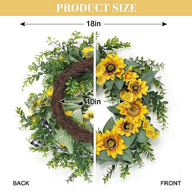 18" Sunflower Wreath for Front Door, Artificial Spring Wreaths Buffalo Plaid Bow for Wall Window