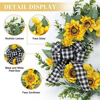 18" Sunflower Wreath for Front Door, Artificial Spring Wreaths Buffalo Plaid Bow for Wall Window