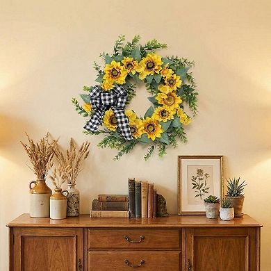 18" Sunflower Wreath for Front Door, Artificial Spring Wreaths Buffalo Plaid Bow for Wall Window