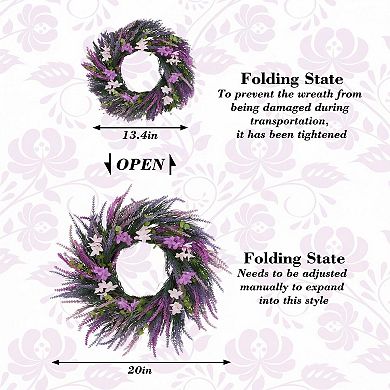 20" Artificial Purple Lavender Wreath, Wildflower Floral Wreath for Front Door Spring Wedding Decor