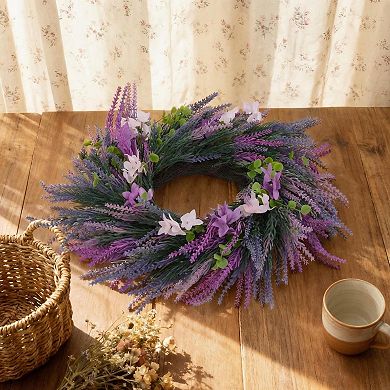 20" Artificial Purple Lavender Wreath, Wildflower Floral Wreath for Front Door Spring Wedding Decor