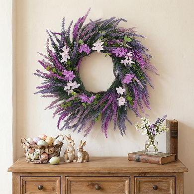 20" Artificial Purple Lavender Wreath, Wildflower Floral Wreath for Front Door Spring Wedding Decor