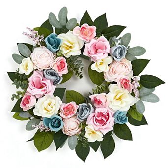 20" Spring Wreath for Front Door with Pink Blue Roses Romantic Artificial Flower Wreath Wall Decor
