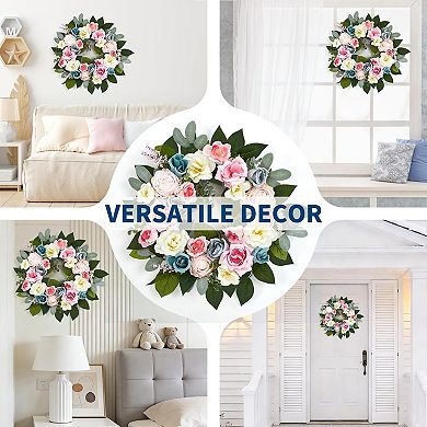 20" Spring Wreath for Front Door with Pink Blue Roses Romantic Artificial Flower Wreath Wall Decor