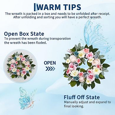 20" Spring Wreath for Front Door with Pink Blue Roses Romantic Artificial Flower Wreath Wall Decor