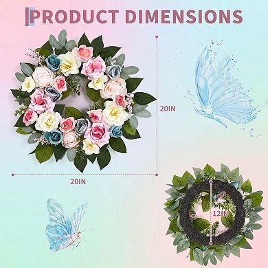 20" Spring Wreath for Front Door with Pink Blue Roses Romantic Artificial Flower Wreath Wall Decor