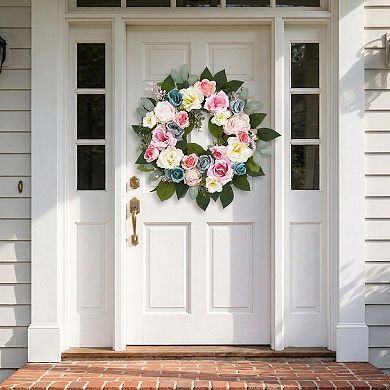 20" Spring Wreath for Front Door with Pink Blue Roses Romantic Artificial Flower Wreath Wall Decor